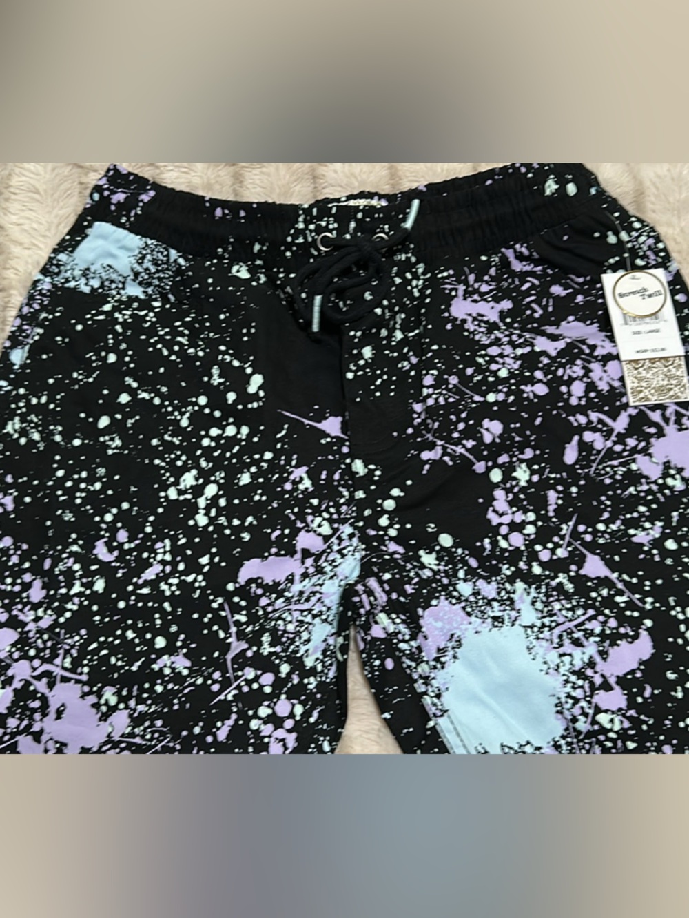 fresh Black Bermuda Shorts with Pastel Purple & Light Blue Splatter